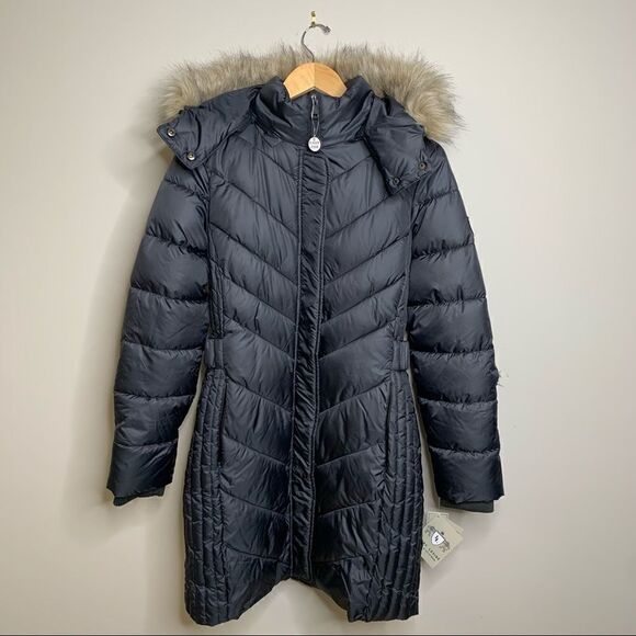Larry Levine Faux-Fur-Trim Quilted Down Coat - M - Picture 1 of 7